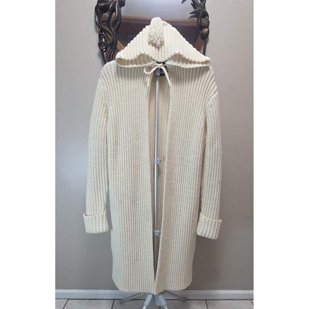 Vintage 2001 GAP Wool Blend Long Hooded Duster Cardigan Sweater L Ivory Y2K